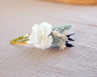 Barrette à cheveux GIULIANA style clic-clac fleur séchée pour enfant et adulte, Accessoire à cheveux mariage, baptême, communion vert sauge