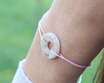 ALEXIA bracelet on pastel pink ribbon – resin flower or circle, phalaris, baby’s breath & wheat boho wedding handmade rustic jewelry