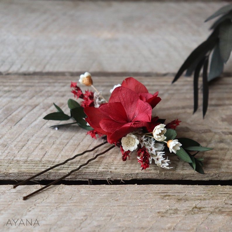 Hairpin FAUVE, burgundy preserved hydrangea hair stick, hair accessory in natural flower, Christmas gift image 3