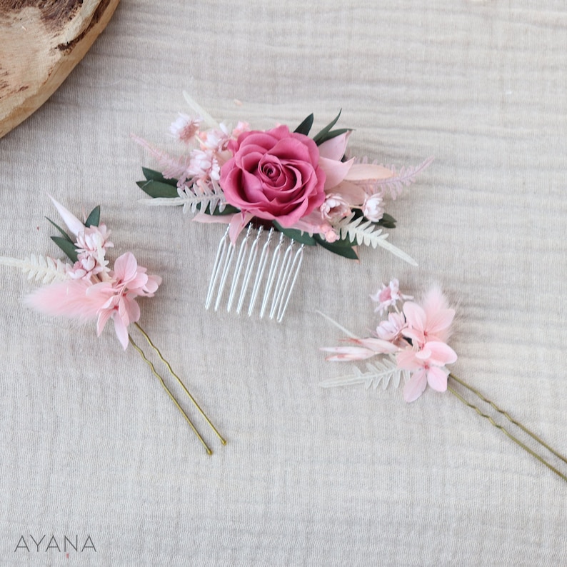 Hair comb ROSY dried and blush pink preserved flower boho wedding hairstyle, hair comb eternal roses blush pink peigneS+2 pics ROSA