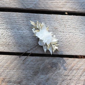 Hairpin White and gold GWENAËLLE hairpin with dried and preserved flowers, boho chic wedding bridal hairstyle accessory