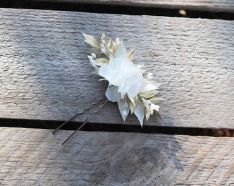 Epingle à cheveux GWENAËLLE fleurs séchées et stabilisées blanc et doré mariage bohème chic, accessoire coiffure mariée original