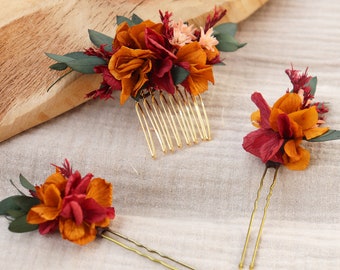 Juego de horquillas VERA en flores secas y estabilizadas para peinado de boda boho en color terracota, peineta para peinado de novia