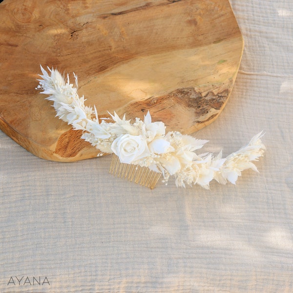Peigne long OLWEN en fleurs naturelles séchées et stabilisées, Accessoire arrière tête coiffure fleuri blanc mariage bohème chic