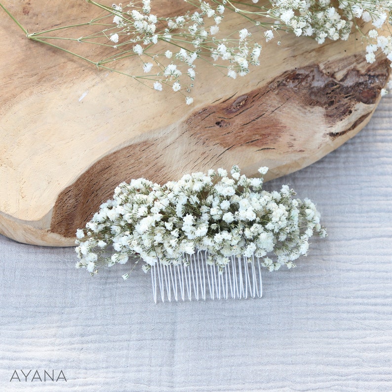 Hochzeitshaarkamm LUCIE, Boho-Haaraccessoire aus konservierten Naturblumen, stabilisierter Schleierkrautkamm für Boho-Hochzeit Bild 6