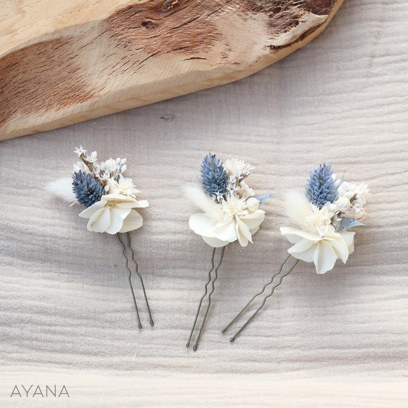 Set of OCEANE hairpins in dried flower for boho wedding hairstyle dusty blue color, ocean blue comb wedding summer seaside Lot de 3 pics