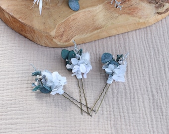 Set of DELYA preserved hydrangea hairpins white and gray for spring summer wedding hairstyle, boho dried flower hair accessory