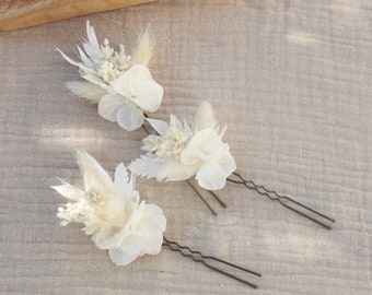 Viele Haarnadeln von OLWEN, getrocknete und stabilisierte weiße Blumen, Boho-Chic-Hochzeit, getrocknete Blume auf Haarnadel für Hochzeit, Taufe oder Kommunion