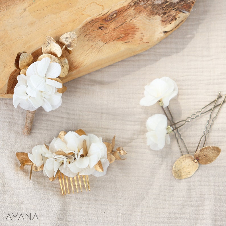 Lot d'épingles à cheveux DIANE en hortensia stabilisé blanc naturel et eucalyptus doré, accessoire coiffure mariage bohème en fleur durable image 4