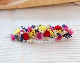 Barrette à cheveux CAMERON en fleurs stabilisées couleurs estivales, accessoire à cheveux en fleur séchée et stabilisée pour coiffure d'été