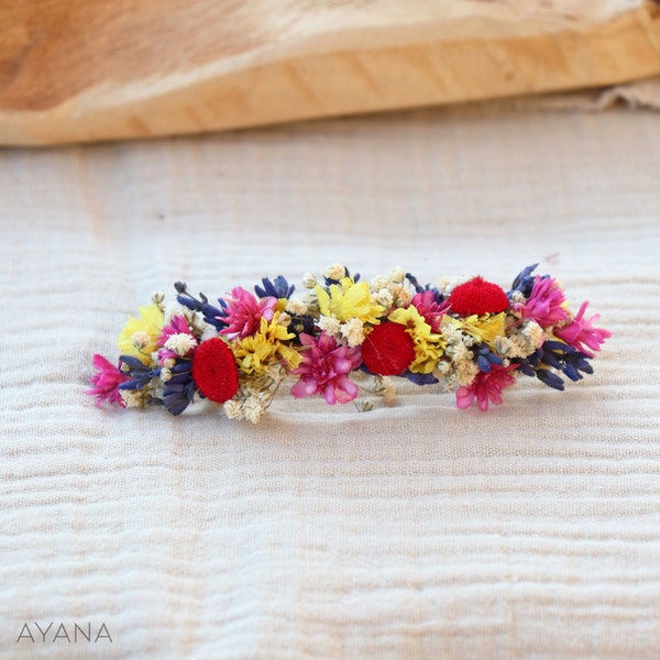 Barrette à cheveux CAMERON en fleurs stabilisées couleurs estivales, accessoire à cheveux en fleur séchée et stabilisée pour coiffure d'été