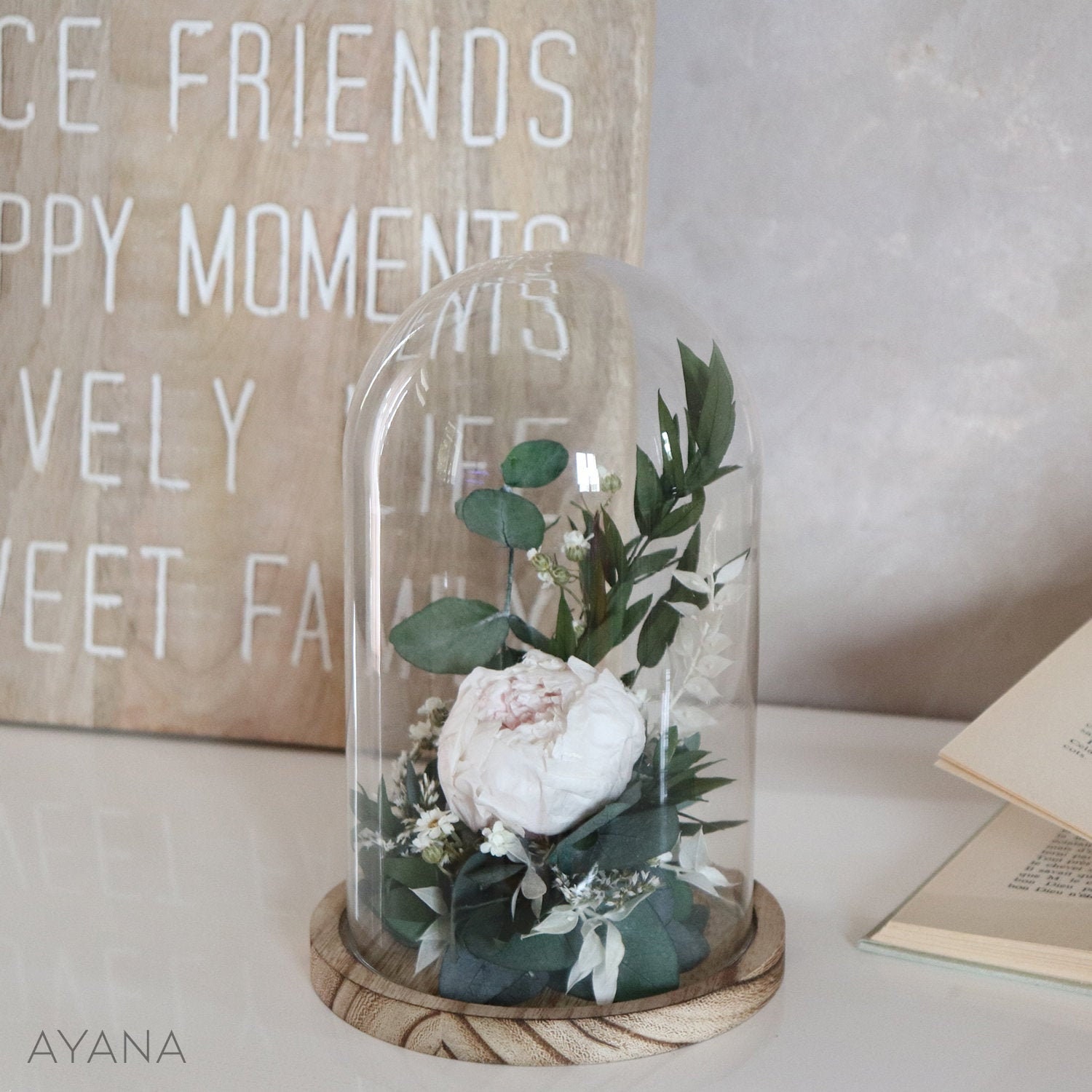 Cloche Composition Fleurs Séchées Intemporelle Beaute Pivoine Rose Pale Sous Cloche en Verre Cadeau