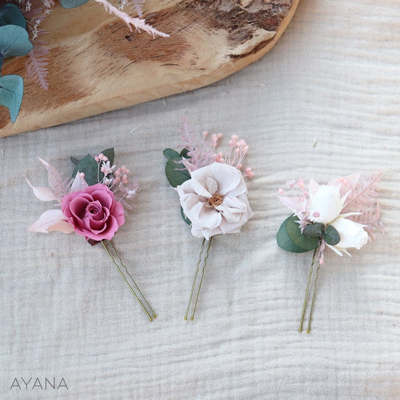 Hair comb ROSY dried and blush pink preserved flower boho wedding hairstyle, hair comb eternal roses blush pink 3 épingles différent