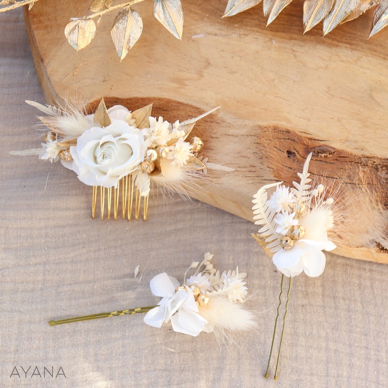 Accessoire de coiffure CHARLINE en fleur séchée et stabilisée pour mariage bohème chic blanc et doré, épingle et peigne blanc rose éternelle image 4