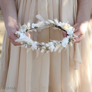 Hair wreath of dried flowers ISABEL white and gold boho chic wedding theme, boho bridal hairstyle accessory in preserved flower