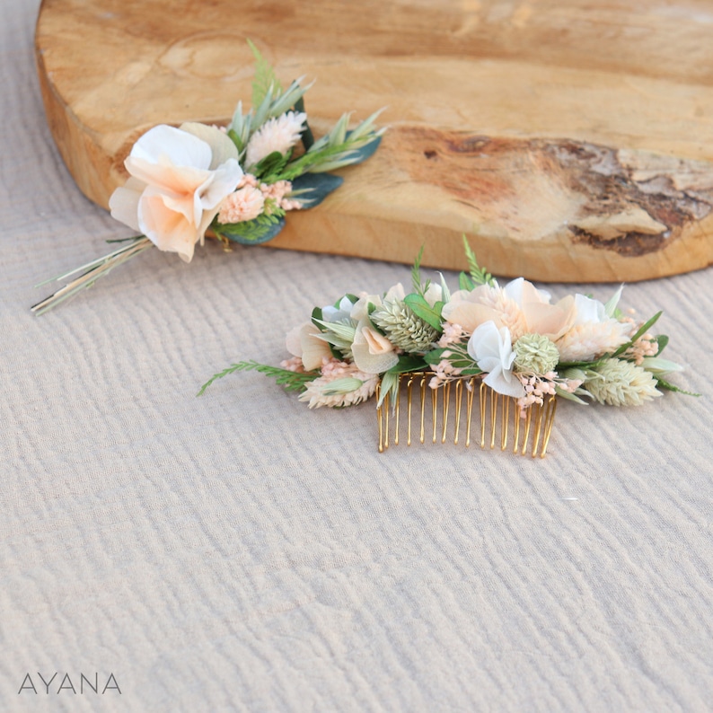 Peigne cheveux COLINE fleur séchée et stabilisée couleur pêche mariage printemps, accessoire coiffure de mariée fleur naturelle durable image 9