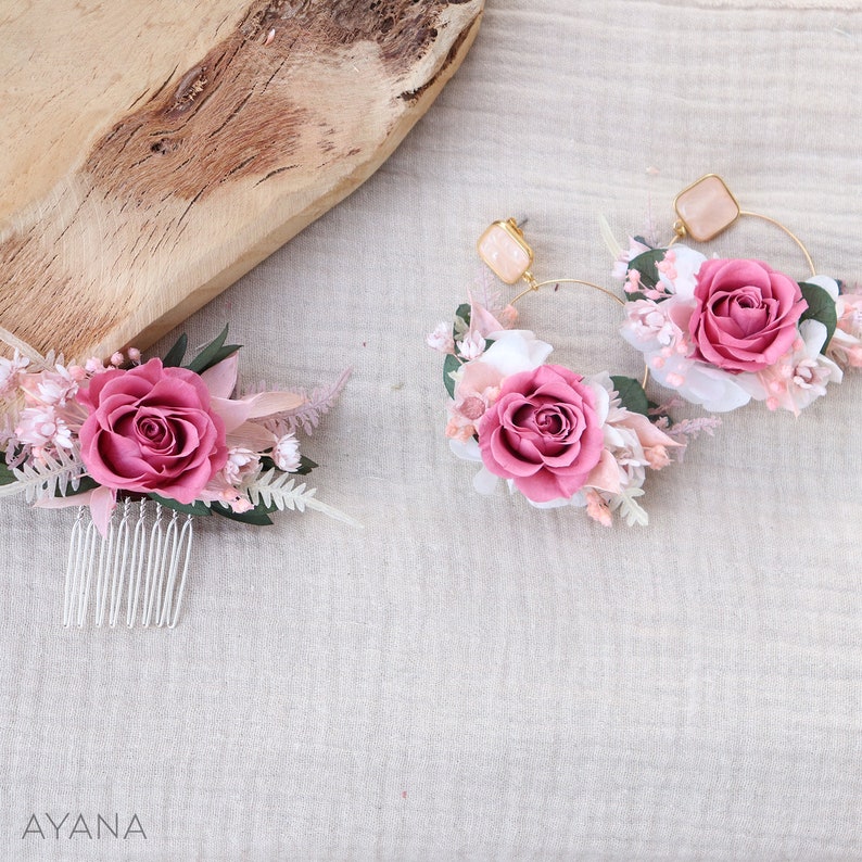 Hair comb ROSY dried and blush pink preserved flower boho wedding hairstyle, hair comb eternal roses blush pink petit peigne + BO