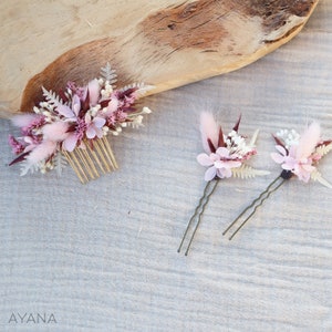 Lot épingles à cheveux ELEANOR en fleur séchée pour coiffure mariage bohème rose et terracotta, accessoire cheveux teintes pastel 1 peigne S + 2 pics