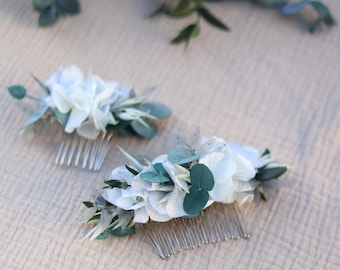 ANCOLIE Hair Comb – Preserved Blue & White Flowers, Eucalyptus, Boho Wedding, Chic Accessory, Elegant Bridal Hairpiece