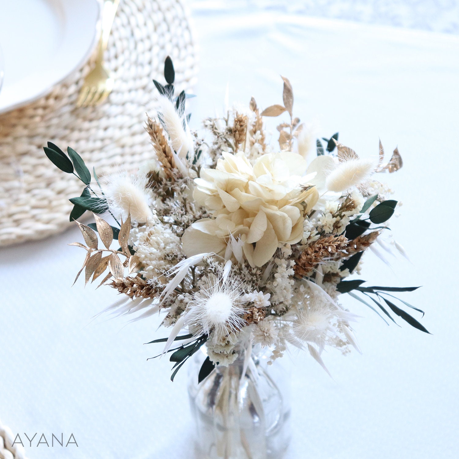 Bouquet Prague Blanc et Doré, Bouquet Décoration de Table en Fleurs Séchées Stabilisées, Bohème Chic