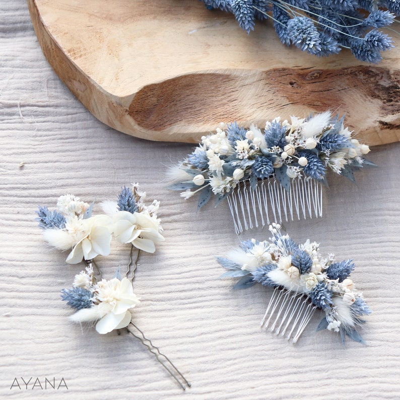 Lot épingles à cheveux OCEANE en fleur séchée pour coiffure mariage bohème couleur dusty blue, peigne bleu océan mariage été bord de mer image 8