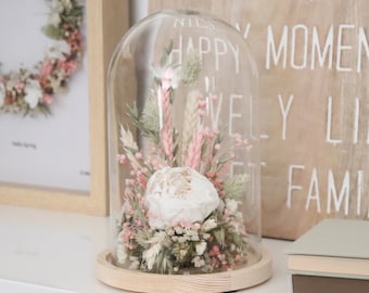 Pivoine naturelle préservée sous cloche en verre PRINTEMPS DES POETES cadeau de décoration éco-responsable Composition fleurs séchées