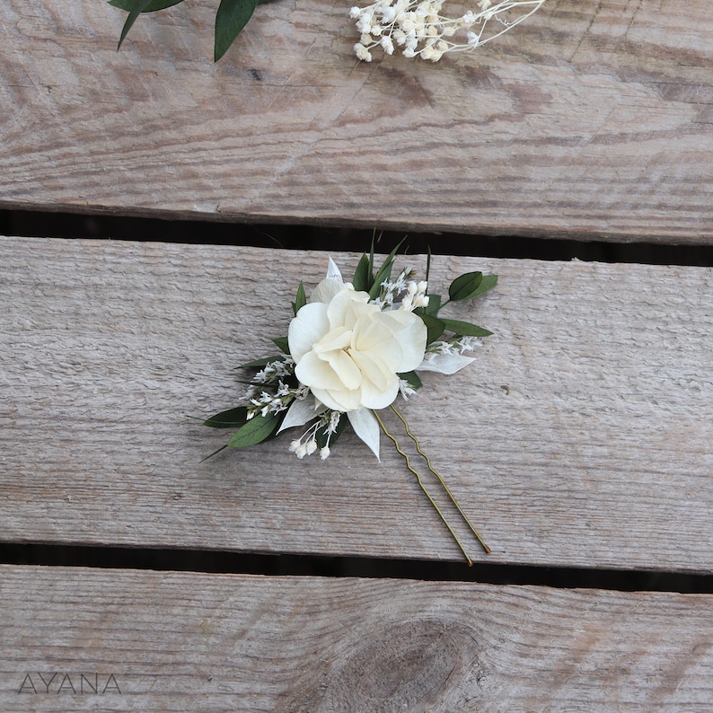 Epingle à cheveux MERRYL, pic à cheveux hortensia et eucalyptus stabilisés, accessoire coiffure fleur éternelle, barrette fleur préservée image 1