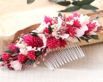 Hair comb BERYL bridal hairstyle dried flower raspberry color, Original comb dried and preserved flower summer wedding color blush and berry