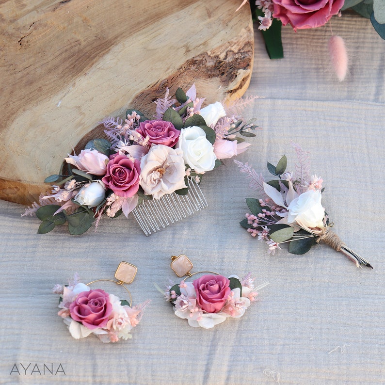 Peigne long ROSY fleurs naturelles séchées et stabilisées rose blush accessoire arrière tête coiffure fleuri mariage bohème chic peigne L+BO + bout.