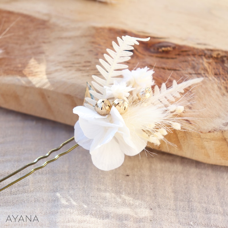 Lot d'épingles à cheveux ISABEL fleur séchée blanc et doré, accessoire coiffure hortensia blanc stabilisé pour fête mariage baptême Noël image 3