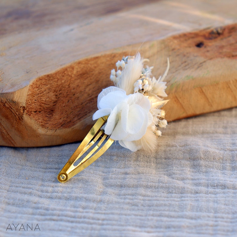 Barrettes à cheveux ISABEL en fleurs stabilisées blanches et dorées pour enfant et adulte, Accessoire à cheveux mariage, baptême, communion image 4