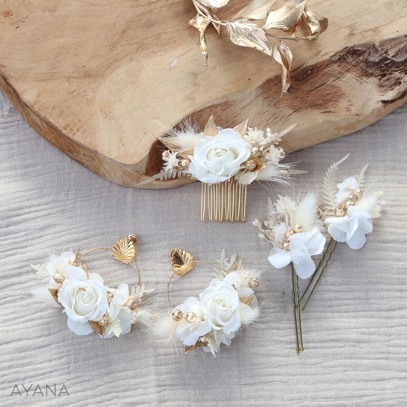 Accessoire de coiffure CHARLINE en fleur séchée et stabilisée pour mariage bohème chic blanc et doré, épingle et peigne blanc rose éternelle 1 peig.S +2pic+BO