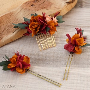 Peignes cheveux VERA fleurs séchées et stabilisées ocre et terracotta mariage bohème, Peigne coiffure mariage d'été fleur naturelle durable image 7