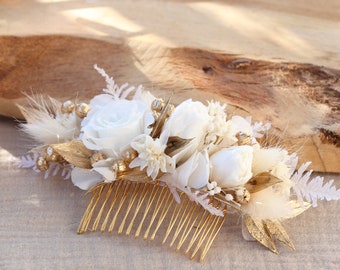 Comb CHARLINE preserved white roses boho chic wedding hairstyle, elegant white and gold hair comb eternal roses and dried flowers