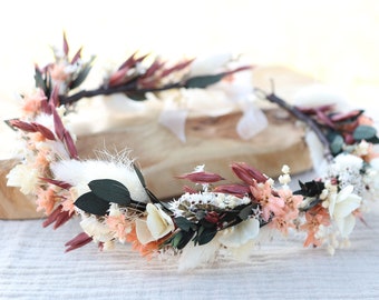 Couronne de fleurs séchées ROSITA teinte terracotta mariage estival thème bohème ou campagne chic , accessoire coiffure mariée