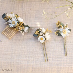 Lot épingles à cheveux ROXANE fleur séchée mariage champêtre, accessoire coiffure d'été petite fleur blanche et jaune thème campagne chic 1 peigne S + 2 pics