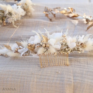 Peigne cheveux ISABEL fleurs séchées et stabilisées blanc et doré mariage bohème, Peigne coiffure mariage campagne fleur naturelle durable image 5