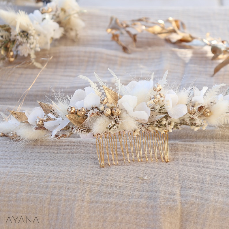 Peigne cheveux ISABEL fleurs séchées et stabilisées blanc et doré mariage bohème, Peigne coiffure mariage campagne fleur naturelle durable image 5
