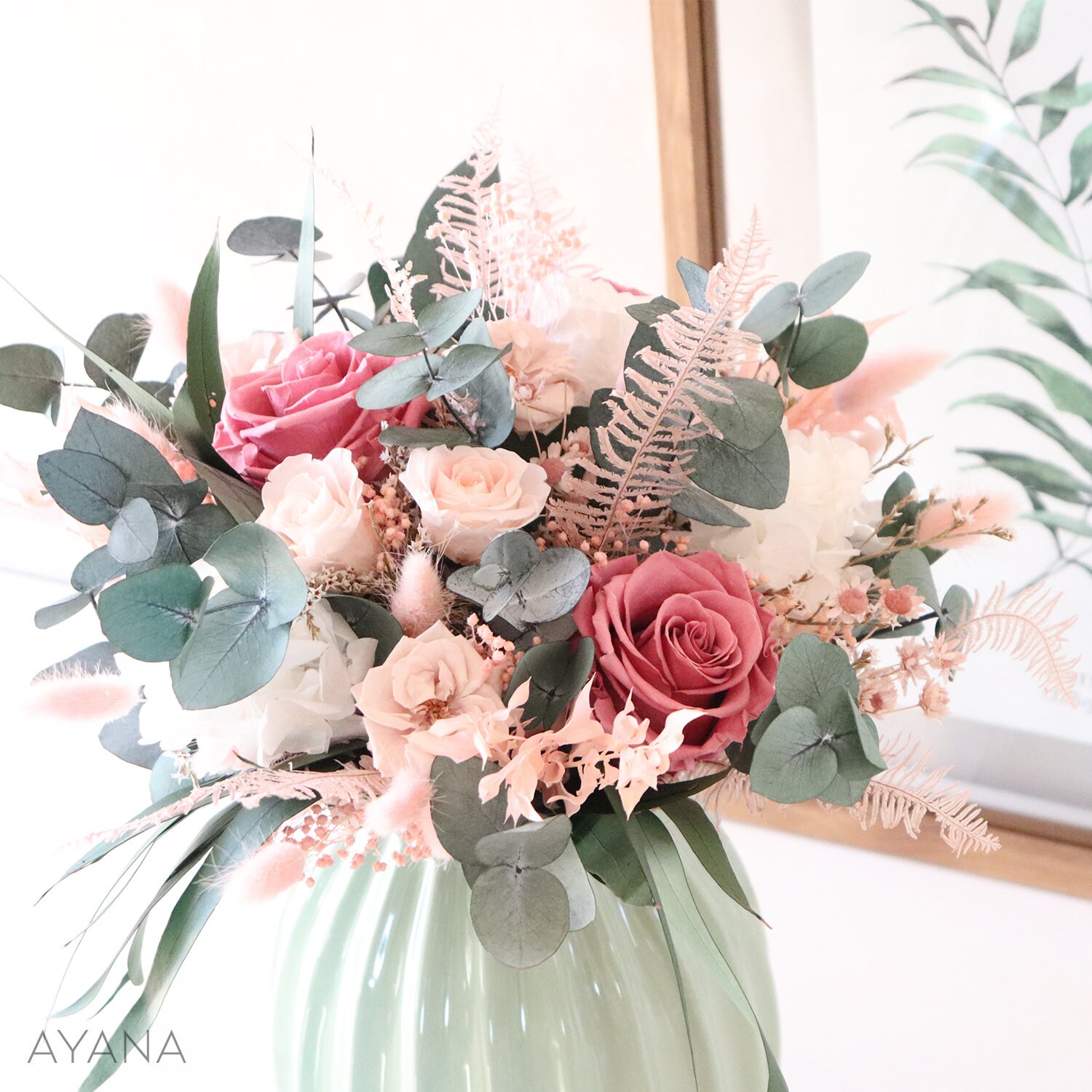 Bouquet Rocamadour Fleurs Séchées et Stabilisées Rose Blanc, Cadeau Éco-Responsable Fête Des Mères R