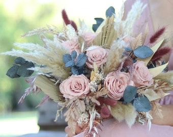 Bouquet SAINT EMILION fleur séchée et stabilisée ton vieux rose et lie de vin, bouquet roses éternelles et pampa mariage bohème