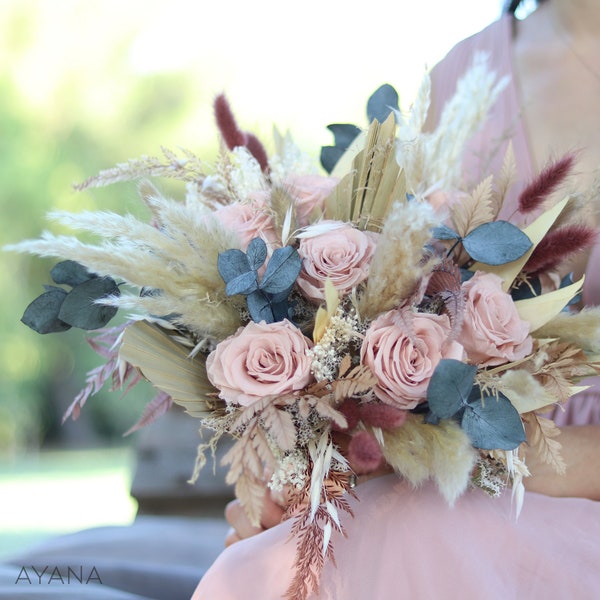 Bouquet SAINT EMILION fleur séchée et stabilisée ton vieux rose et lie de vin, bouquet roses éternelles et pampa mariage bohème