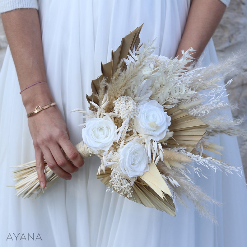 Trendy bridal bouquet OXFORD made of dried and preserved natural flower, boho style wedding bouquet with white eternal rose, pampas and palm image 2