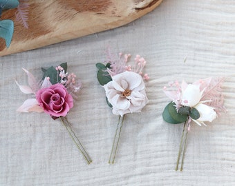 Lot épingles à cheveux ROSY en fleurs séchées et stabilisées pour coiffure mariage bohème rose et blanc peigne coiffure de mariée