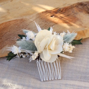 Set of GIULIANNA hairpins in dried and preserved flowers for boho wedding hairstyle in Provence ivory and sage green color image 6