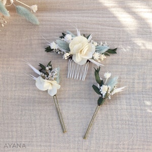 Set of GIULIANNA hairpins in dried and preserved flowers for boho wedding hairstyle in Provence ivory and sage green color 1 peigne S + 2 pics