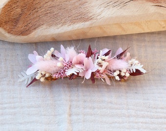 Barrette à cheveux ELEANOR en fleurs séchées et stabilisées rose pastel et terracotta accessoire mode pour coiffure d'été