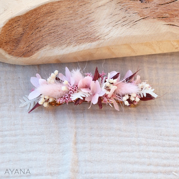 Barrette à cheveux ELEANOR en fleurs séchées et stabilisées rose pastel et terracotta accessoire mode pour coiffure d'été