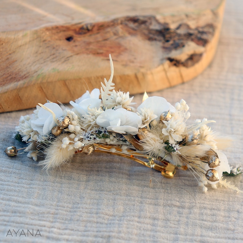 Hair clips ISABEL in white and gold preserved flowers for children and adults, Wedding or baptism and communion hair accessory. image 7