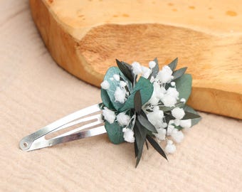 LISON Hair Clip Barrette Clic-Clac Kids Adults White Stabilized Gypsophila & Eucalyptus Wedding Baptism Communion
