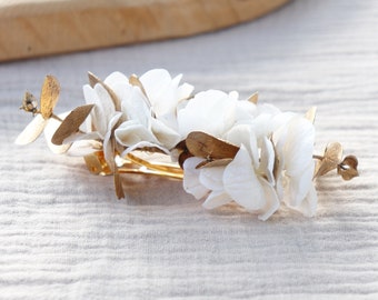 Barrette à cheveux DIANE en fleurs stabilisées pour mariage bohème chic, accessoire mode blanc et doré pour coiffure cheveux lâchés